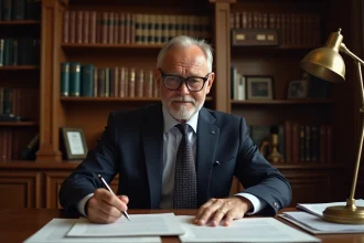 Notaire examinant un contrat d'achat immobilier avec des documents officiels sur un bureau en chêne dans un cabinet notarial traditionnel