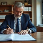 Notaire homme en costume examinant des documents dans un bureau moderne