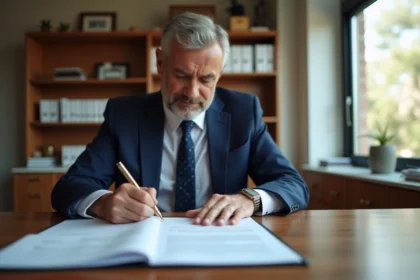 Notaire homme en costume examinant des documents dans un bureau moderne