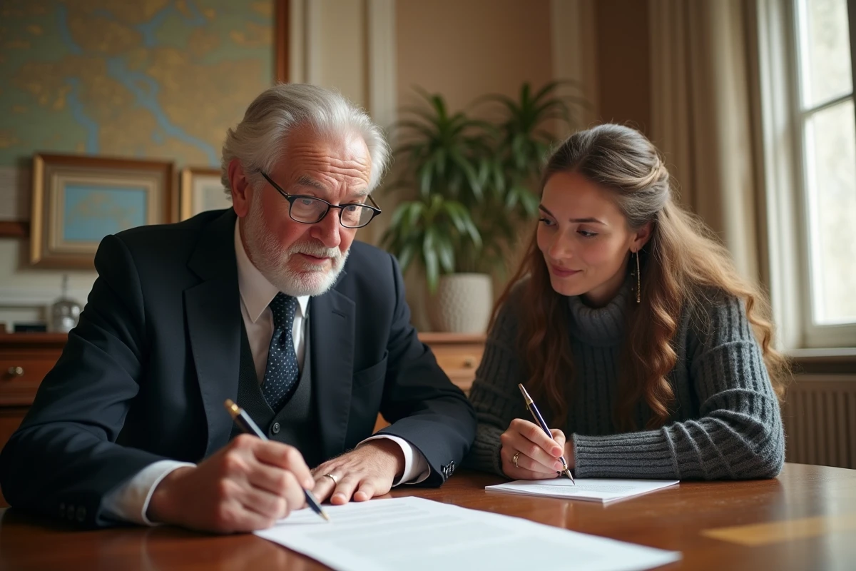 Notaire âgé aidant un couple à signer un contrat dans son bureau lumineux