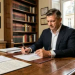 Notaire de Limoges assis à son bureau en chêne, examinant des documents officiels dans un cabinet traditionnel avec bibliothèque juridique