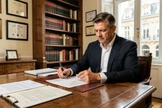 Notaire de Limoges assis à son bureau en chêne, examinant des documents officiels dans un cabinet traditionnel avec bibliothèque juridique