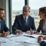 Notaire en costume avec couple examinant des documents