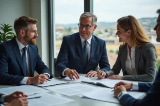 Notaire en costume avec couple examinant des documents