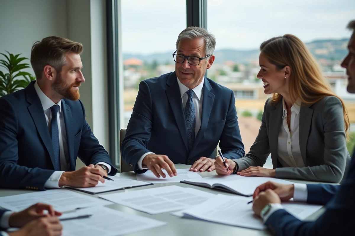 Notaire en costume avec couple examinant des documents