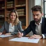 Femme et jeune homme signant des documents dans un bureau moderne