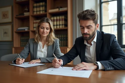 Femme et jeune homme signant des documents dans un bureau moderne