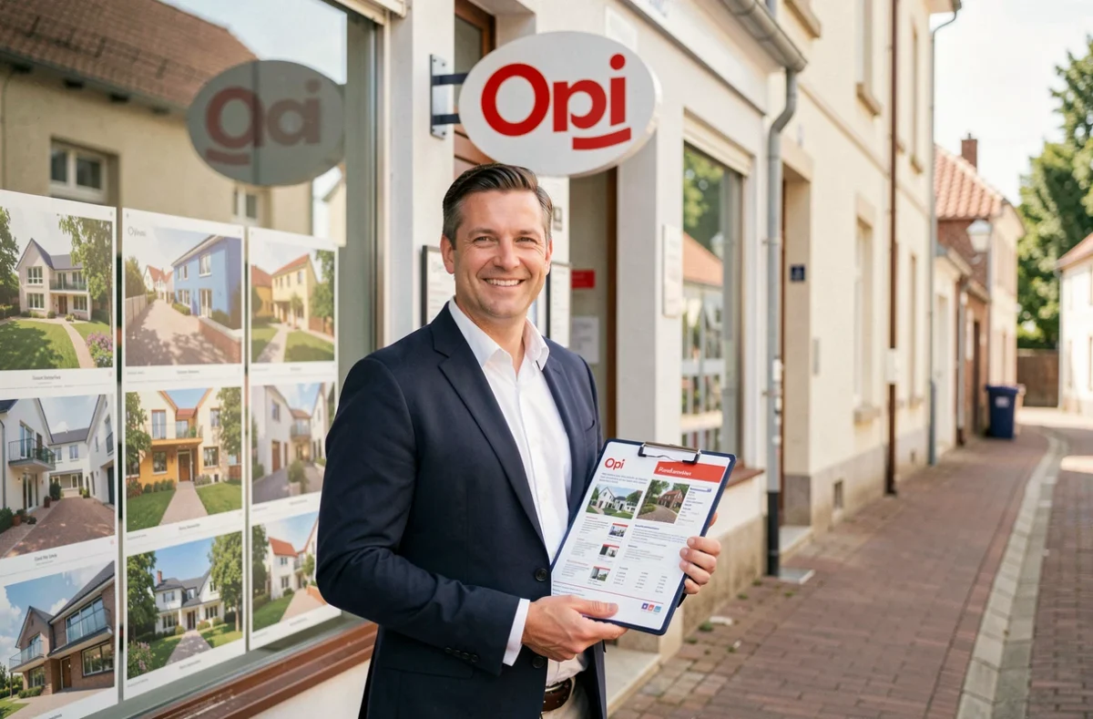 Agent de l'agence Orpi Landes Atlantique devant la vitrine de l'agence avec des annonces immobilières