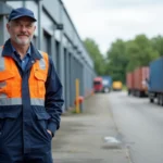 Ouvrier d'usine en tenue de sécurité devant bâtiment industriel