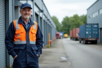 Ouvrier d'usine en tenue de sécurité devant bâtiment industriel
