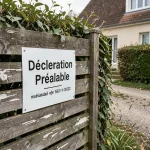 Panneau de déclaration préalable de travaux affiché sur une clôture en bois devant une maison individuelle en France