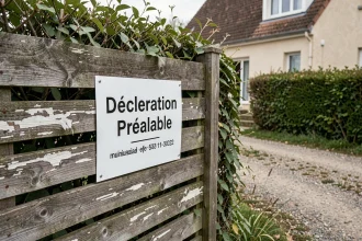 Panneau de déclaration préalable de travaux affiché sur une clôture en bois devant une maison individuelle en France