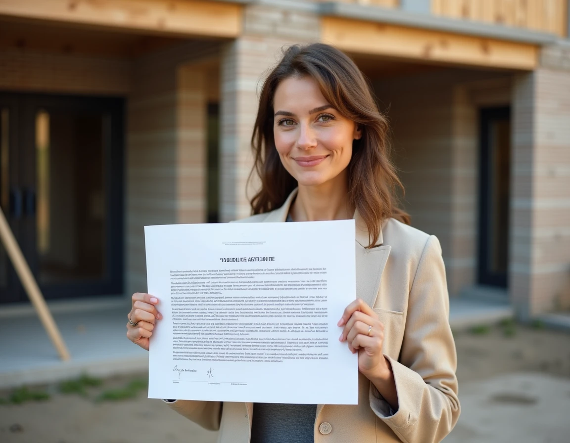 Femme tenant un panneau de permis de construire imprimé devant un chantier résidentiel