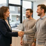Agente immobilière Patricia serrant la main d'un couple satisfait après une vente réussie dans une agence immobilière moderne