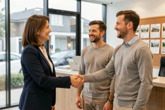 Agente immobilière Patricia serrant la main d'un couple satisfait après une vente réussie dans une agence immobilière moderne
