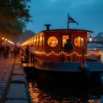 Péniche de nuit à Lyon avec foule et ambiance festive sur les quais