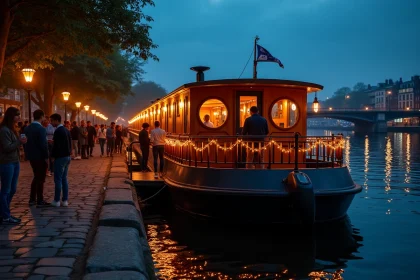 Péniche de nuit à Lyon avec foule et ambiance festive sur les quais