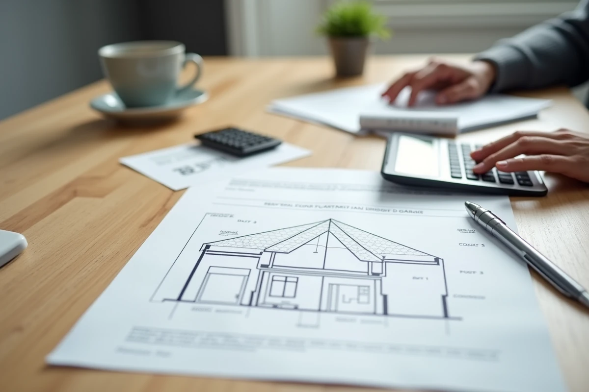 Plan de garage et contrat immobilier posés sur un bureau avec calculatrice, illustration de l'évaluation du prix au m2 d'un garage en 2026