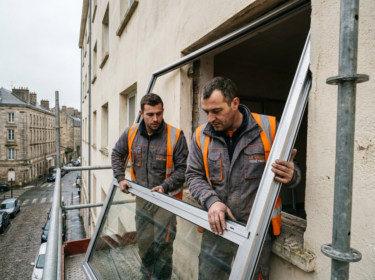 Deux techniciens posant une fenêtre en aluminium sur un immeuble en rénovation au Mans
