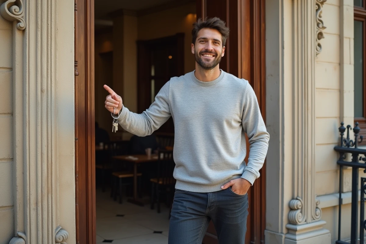 Jeune propriétaire tenant les clés de son premier appartement dans un immeuble lyonnais