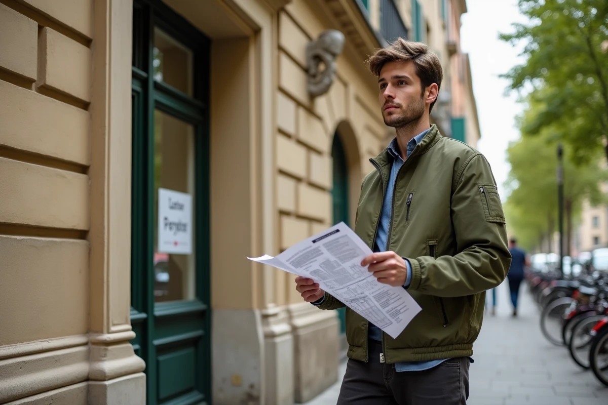 Primo-accédant examinant une annonce immobilière devant un immeuble à vendre dans une rue de Lyon