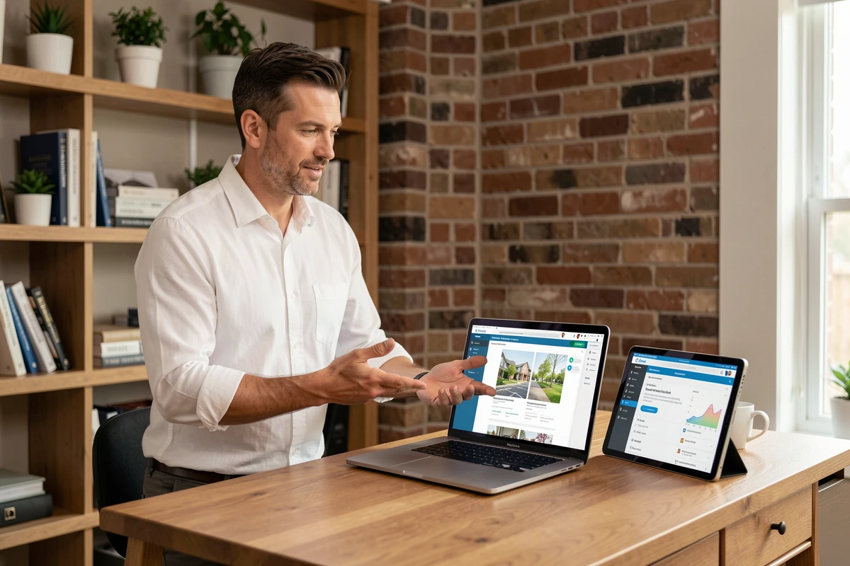 Professionnel de l'immobilier évaluant un logiciel de gestion immobilière face à des alternatives gratuites depuis son bureau à domicile