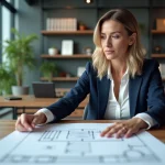 Professionnelle de l'immobilier analysant des documents RSE et des plans architecturaux dans un bureau moderne avec vue sur la ville