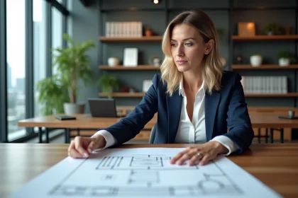 Professionnelle de l'immobilier analysant des documents RSE et des plans architecturaux dans un bureau moderne avec vue sur la ville