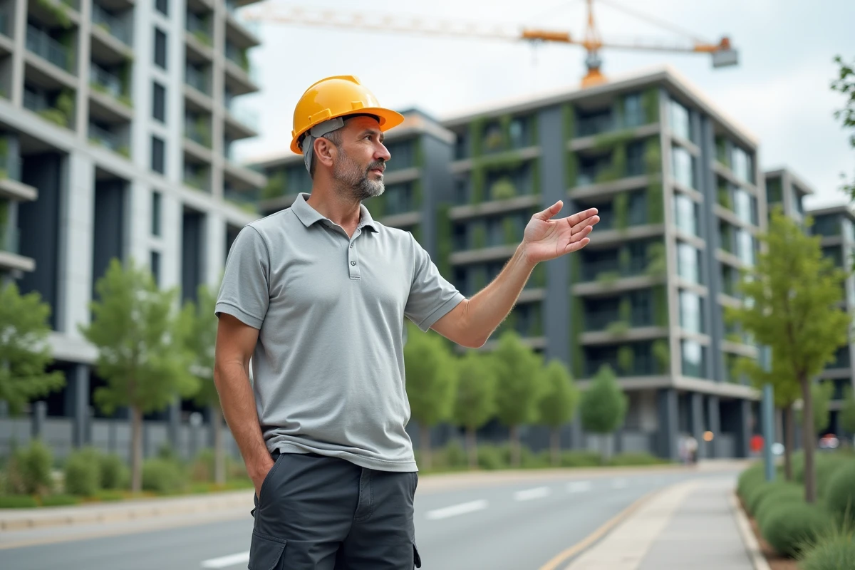 Responsable de projet immobilier devant un bâtiment résidentiel durable intégrant des critères RSE tels que végétalisation et panneaux solaires