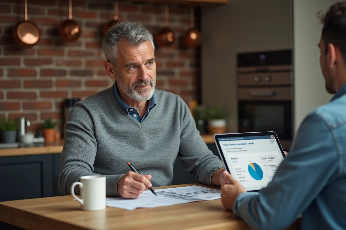 Propriétaire et acheteur analysant ensemble une estimation immobilière sur tablette avant de négocier le prix d'un bien
