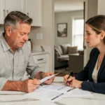 Propriétaire et agent d'assurance discutant d'un contrat d'assurance habitation locatif dans une cuisine moderne