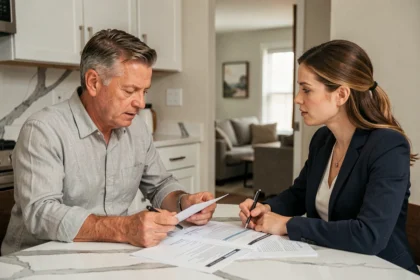 Propriétaire et agent d'assurance discutant d'un contrat d'assurance habitation locatif dans une cuisine moderne