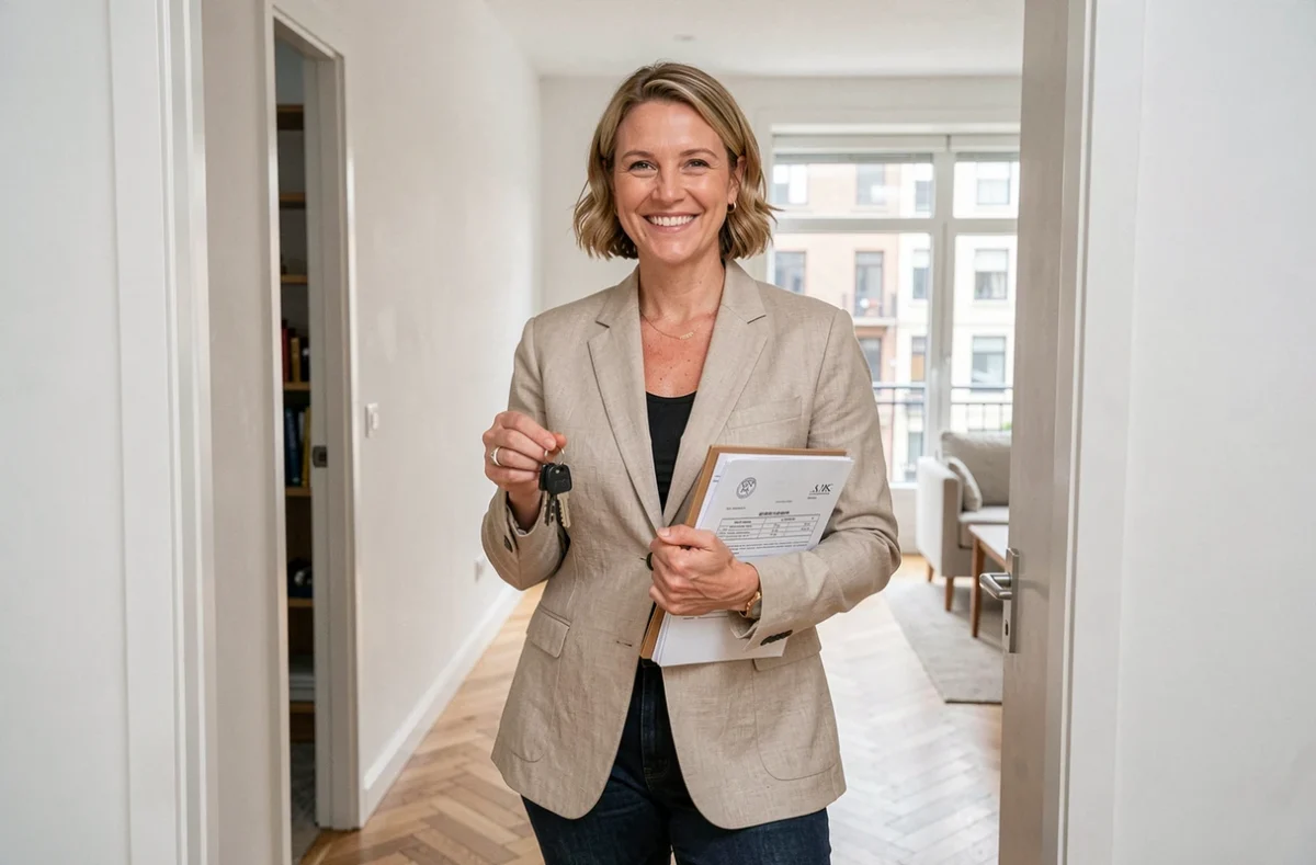 Propriétaire bailleuse tenant les clés d'un appartement locatif rénové, illustration d'un investissement sécurisé par une caution Visale ou solidaire