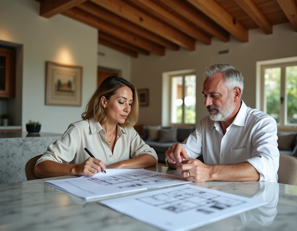 Couple propriétaire consultant les documents d'estimation d'une villa de prestige