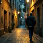 Rue calme et sombre de nuit à Blois avec un homme marchant seul sur des pavés mouillés, bâtiments en pierre aux volets fermés et ambiance urbaine inquiétante