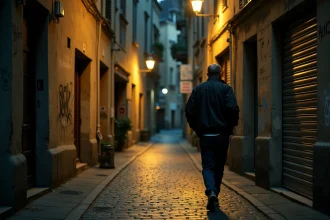 Rue calme et sombre de nuit à Blois avec un homme marchant seul sur des pavés mouillés, bâtiments en pierre aux volets fermés et ambiance urbaine inquiétante