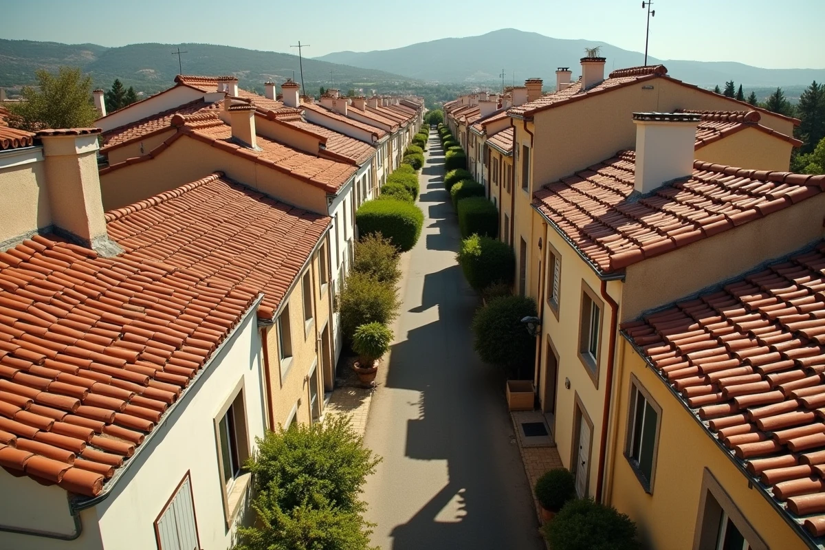 Vue aérienne d'un quartier résidentiel de Perpignan avec toits en tuiles, ruelles ensoleillées et pancarte immobilière