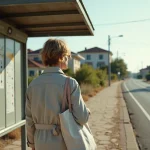 Femme seule attendant le bus dans un quartier périphérique d'Alès mal desservi par les transports en commun