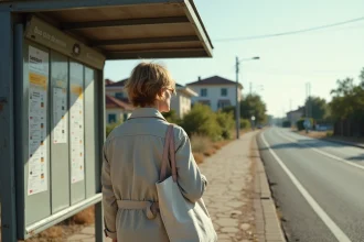 Femme seule attendant le bus dans un quartier périphérique d'Alès mal desservi par les transports en commun