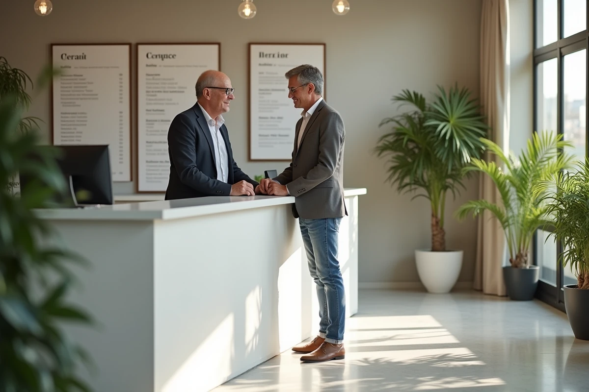 Homme d age au reception avec personnel souriant dans un hall lumineux