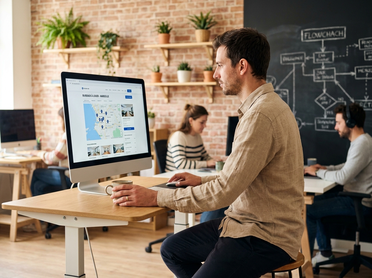 Entrepreneur recherchant des bureaux à Marseille sur ordinateur dans un espace de coworking partagé