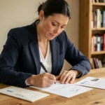 Femme rédigeant un courrier de résiliation d'assurance habitation à la main sur une table en bois