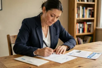 Femme rédigeant un courrier de résiliation d'assurance habitation à la main sur une table en bois