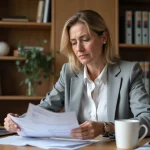 Propriétaire bailleurs examinant des documents de régularisation de charges locatives meublées à son bureau