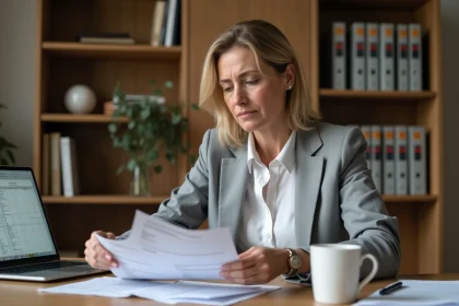 Propriétaire bailleurs examinant des documents de régularisation de charges locatives meublées à son bureau