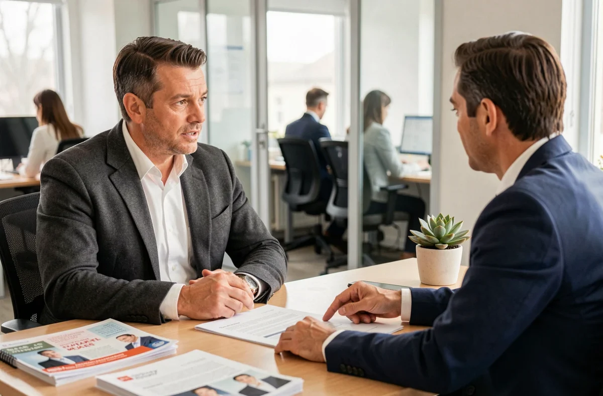 Homme discutant de son assurance appartement avec un conseiller dans une agence professionnelle