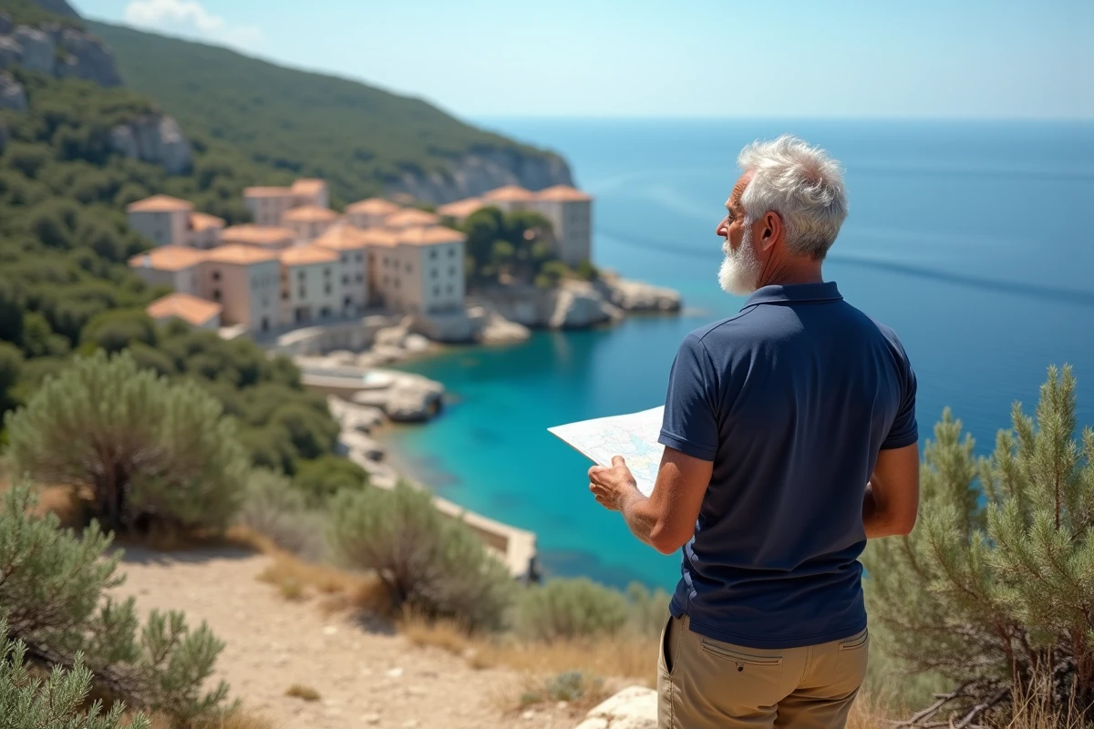 Homme à la retraite explorant le littoral corse pour un projet d'achat immobilier en bord de mer