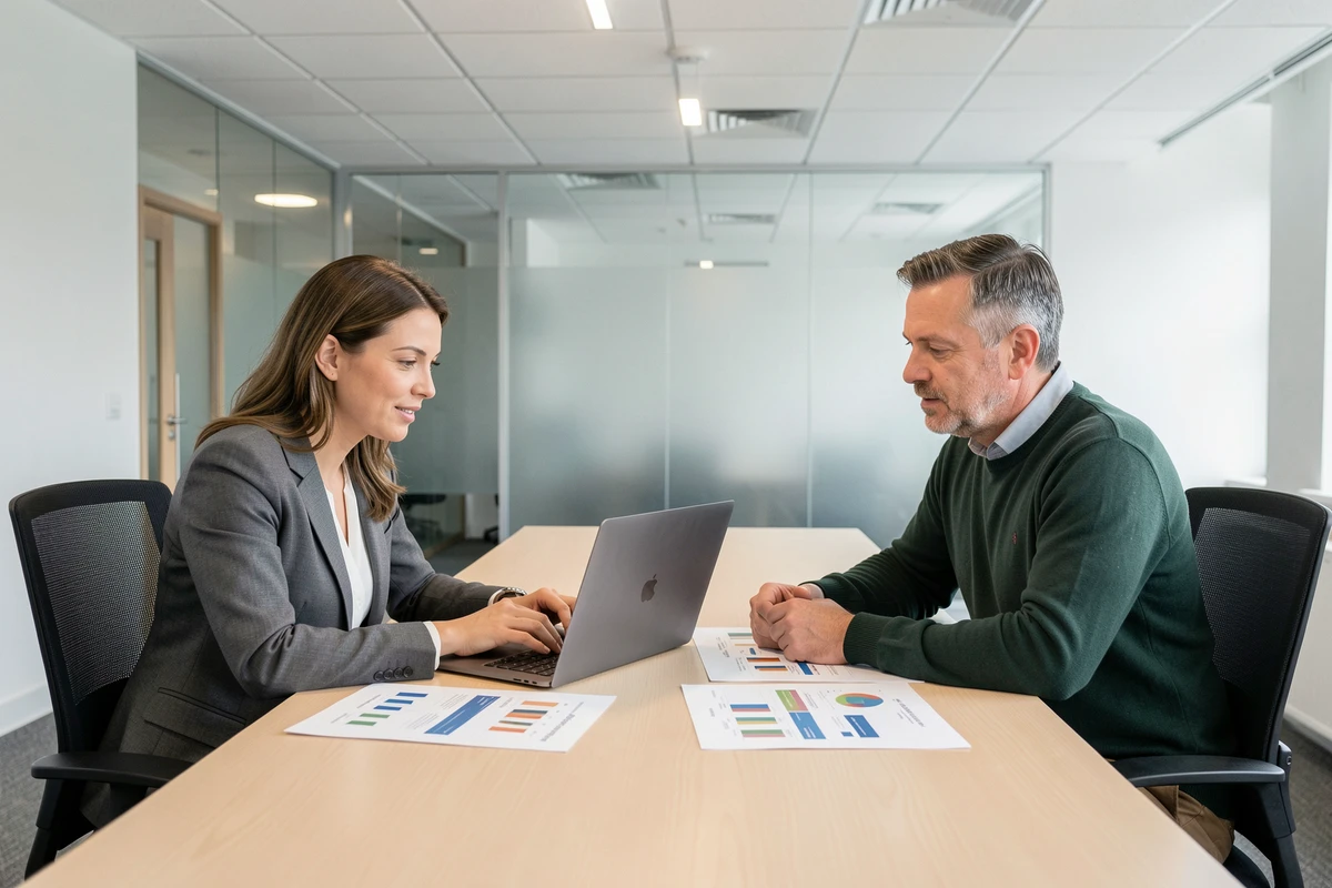 Deux agents immobiliers en réunion analysant une comparaison entre un logiciel immobilier professionnel et des outils gratuits