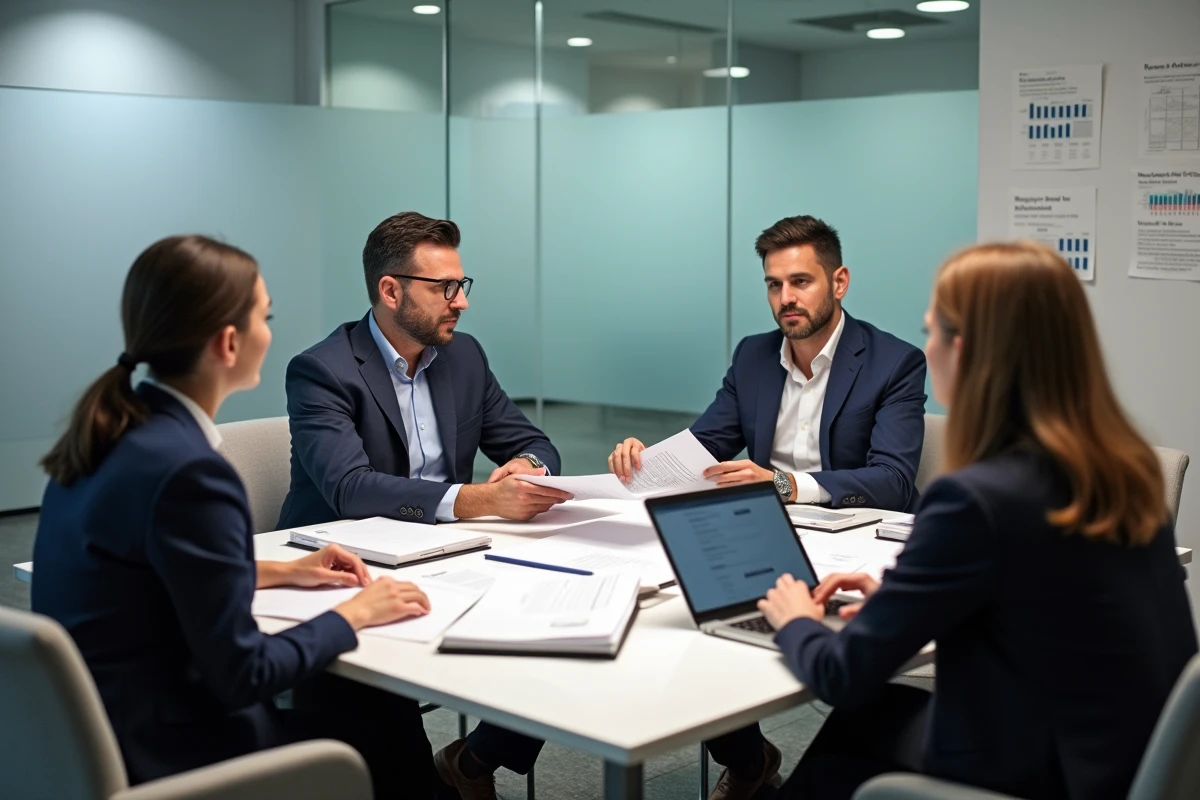 Réunion d'une commission d'attribution de logement social avec plusieurs membres examinant des dossiers