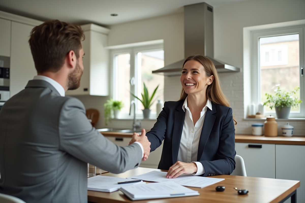 Femme d affaires serrant la main d un agent d assurance dans la cuisine